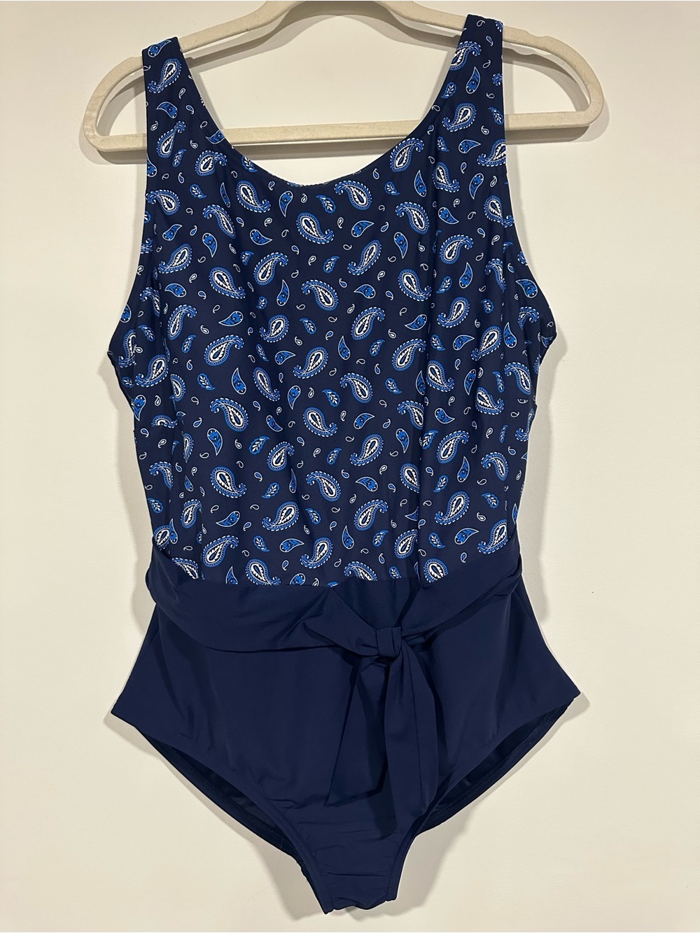 Lands End High Neck Tummy Control Belted One Piece Swimsuit Blue Paisley 18W
